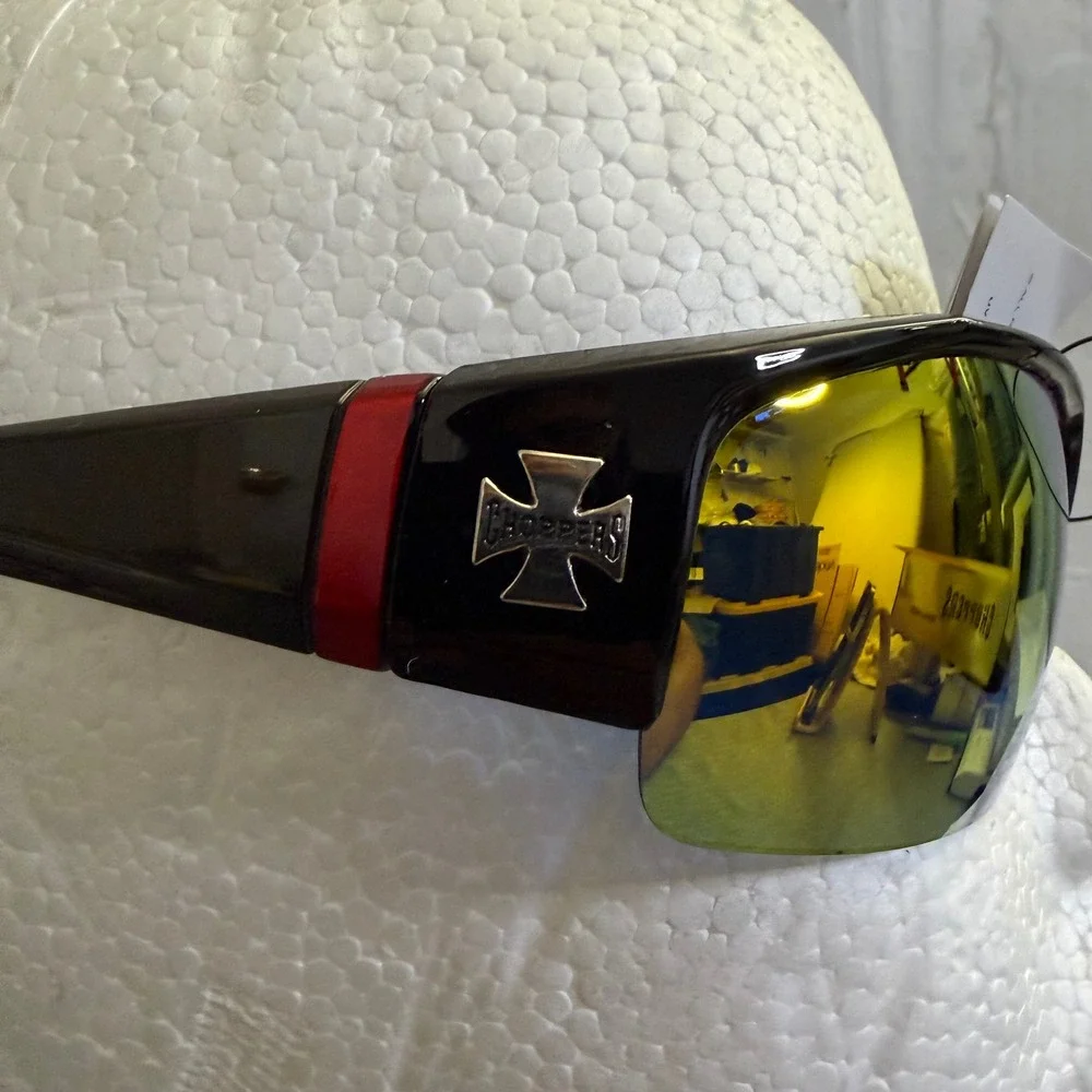 Choppers Sunglasses Mens OS Black Gloss Mirrored Orange Lens Biker Wrap Around